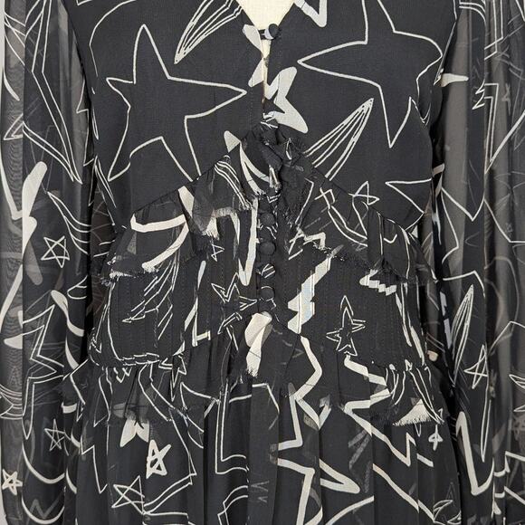 ASOS Design Ruffled Long Sleeve Mini Dress Star Print Black and White Size 8 - Picture 10 of 16